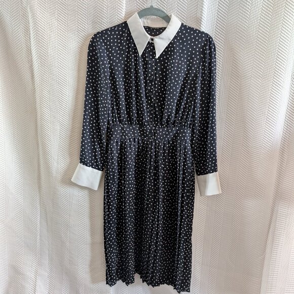 Zara Polka Dot Pleated Dress Navy Blue White Collar Cuffs Size Small Retro - Picture 6 of 13